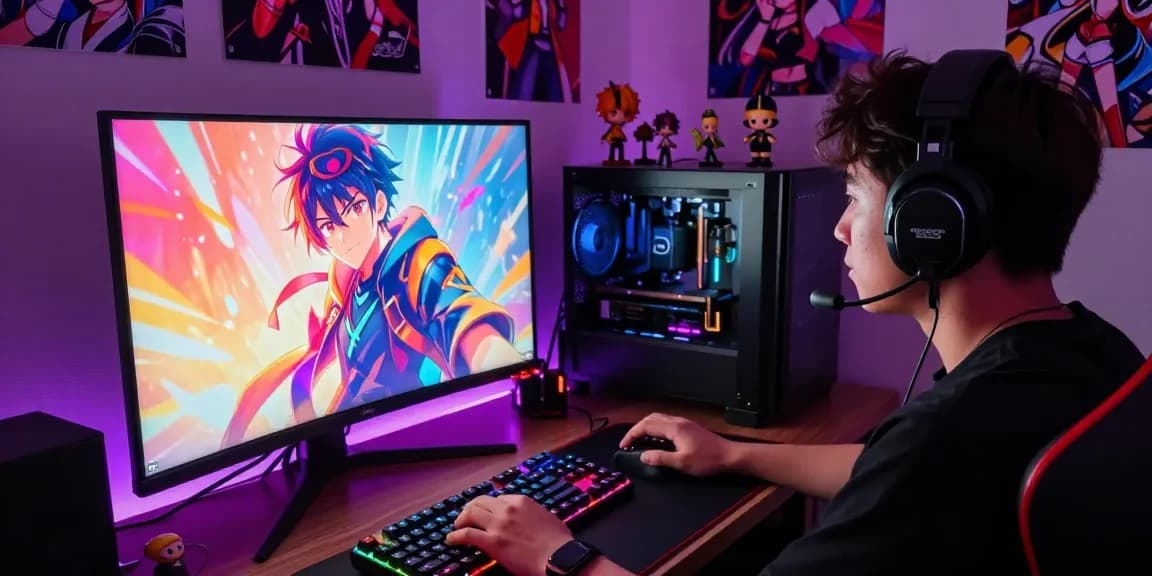 Engaging gaming setup featuring a player engrossed in a hentai game with vibrant anime character on screen.