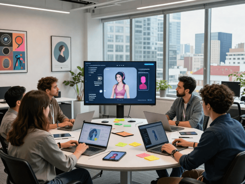Innovative tech team discussing sex AI solutions in modern office.