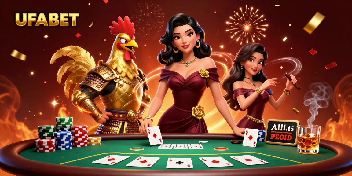 Experience the thrill of UFABET's poker game with glamorous characters in a vibrant celebration.