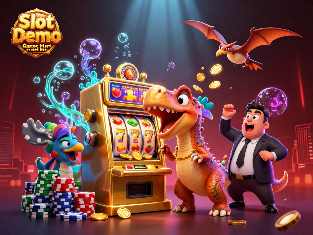 Capture the excitement of Slot Demo Gacor Hari Ini with vibrant 3D casino elements and dynamic characters.