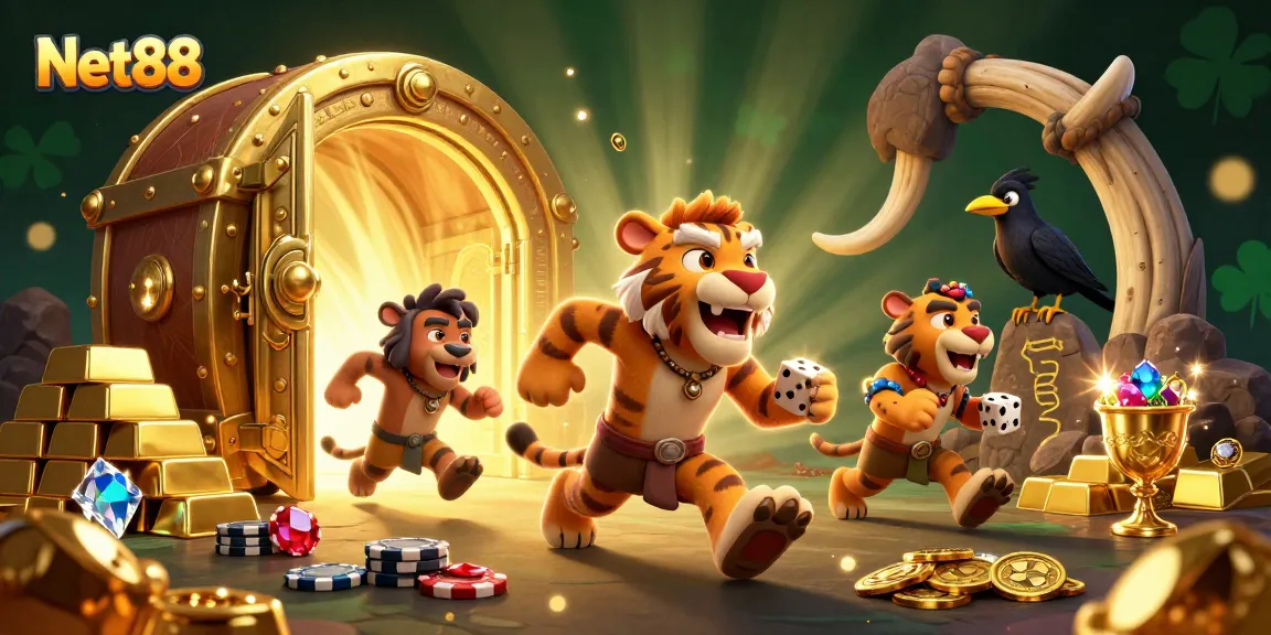 Engage in thrilling gameplay with Net88's vibrant prehistoric casino, featuring dynamic characters and golden treasures.