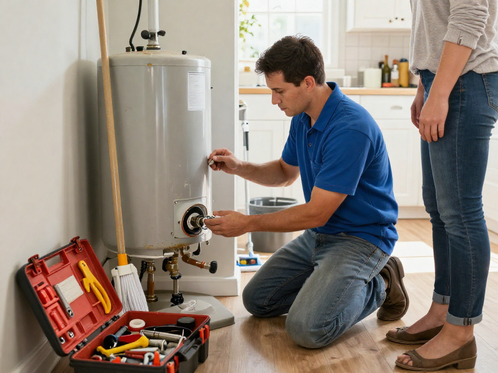 Direct water heater repair Fort Worth technician inspecting heater in home.