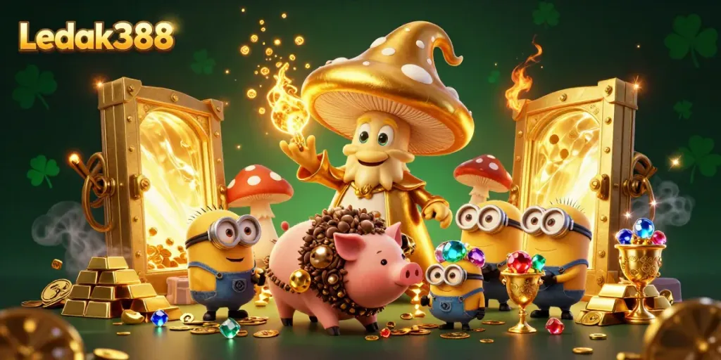 Experience the magic of Ledak388 with a golden mushroom wizard and treasures galore in this vibrant casino scene.