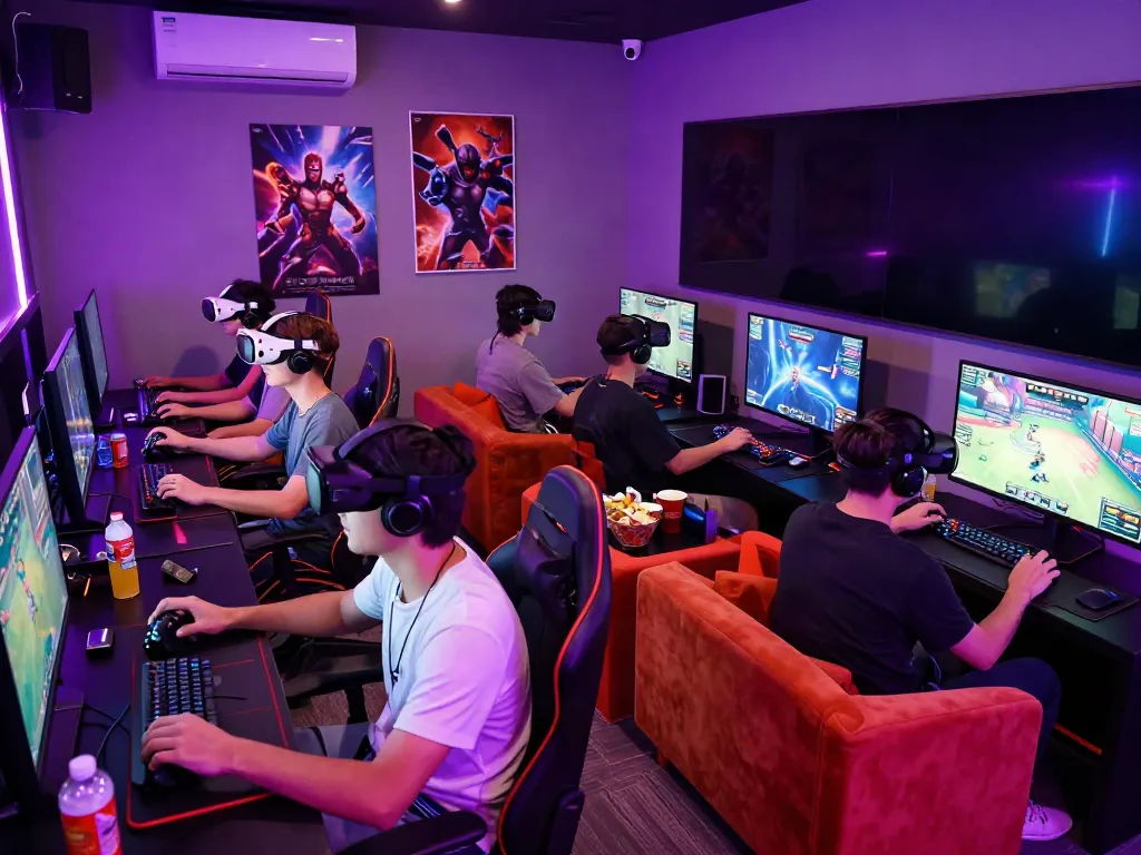 Friends enjoying gaming in a vibrant lounge at http://11bet-app.net/ with neon lights and consoles.