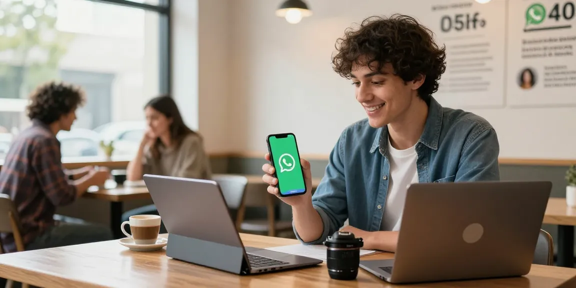 The scene of a young adult excitedly engaging with WhatsApp下載 on a smartphone in a vibrant café, showcasing technology integration.