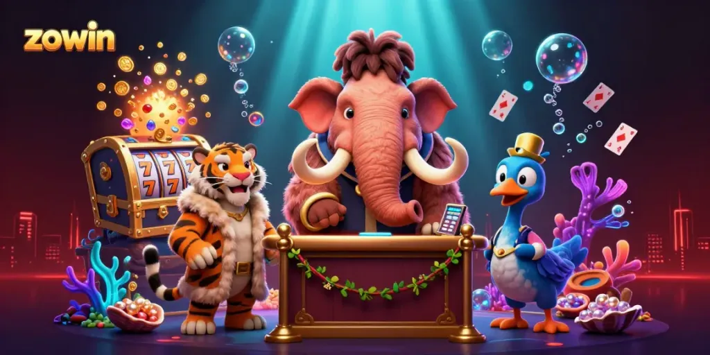 Zowin casino scene with a mammoth bouncer, saber-tooth VIP, and dodo doorman among vibrant gaming elements.