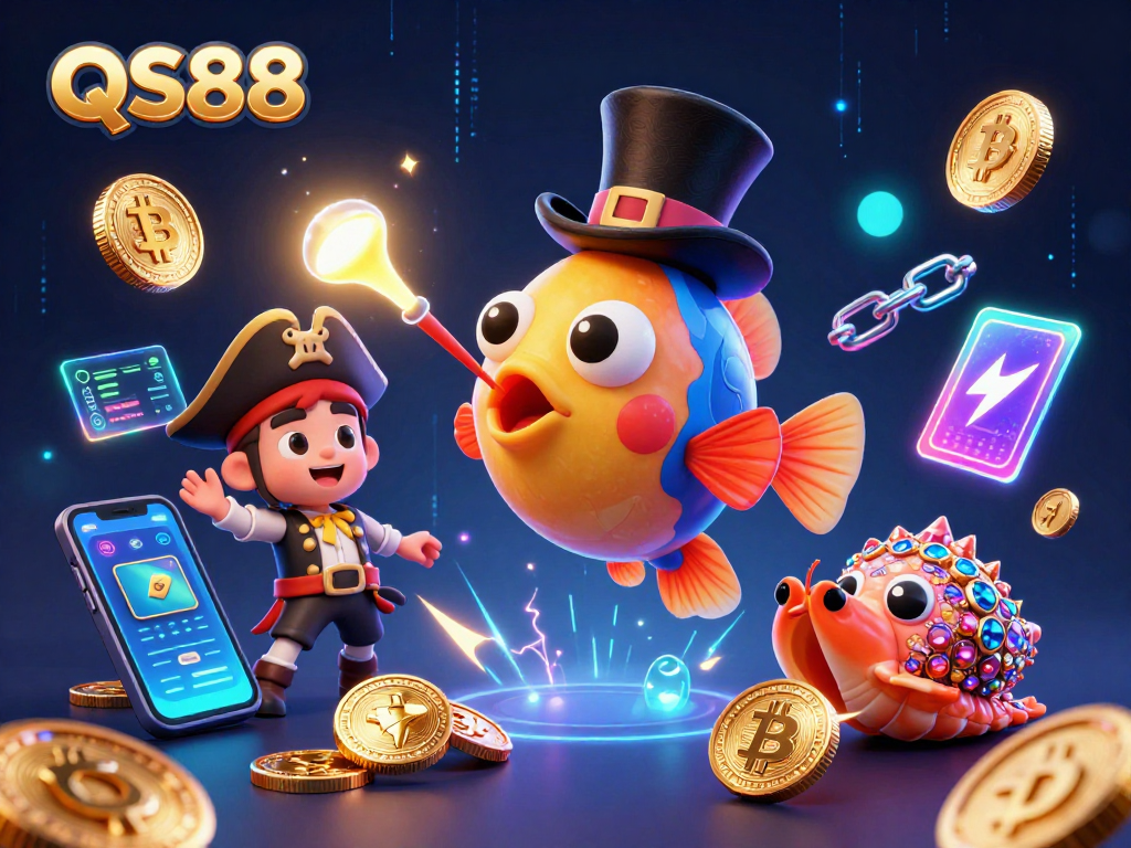 Engage with QS88's vibrant underwater casino scene featuring glowing crypto coins and treasure.