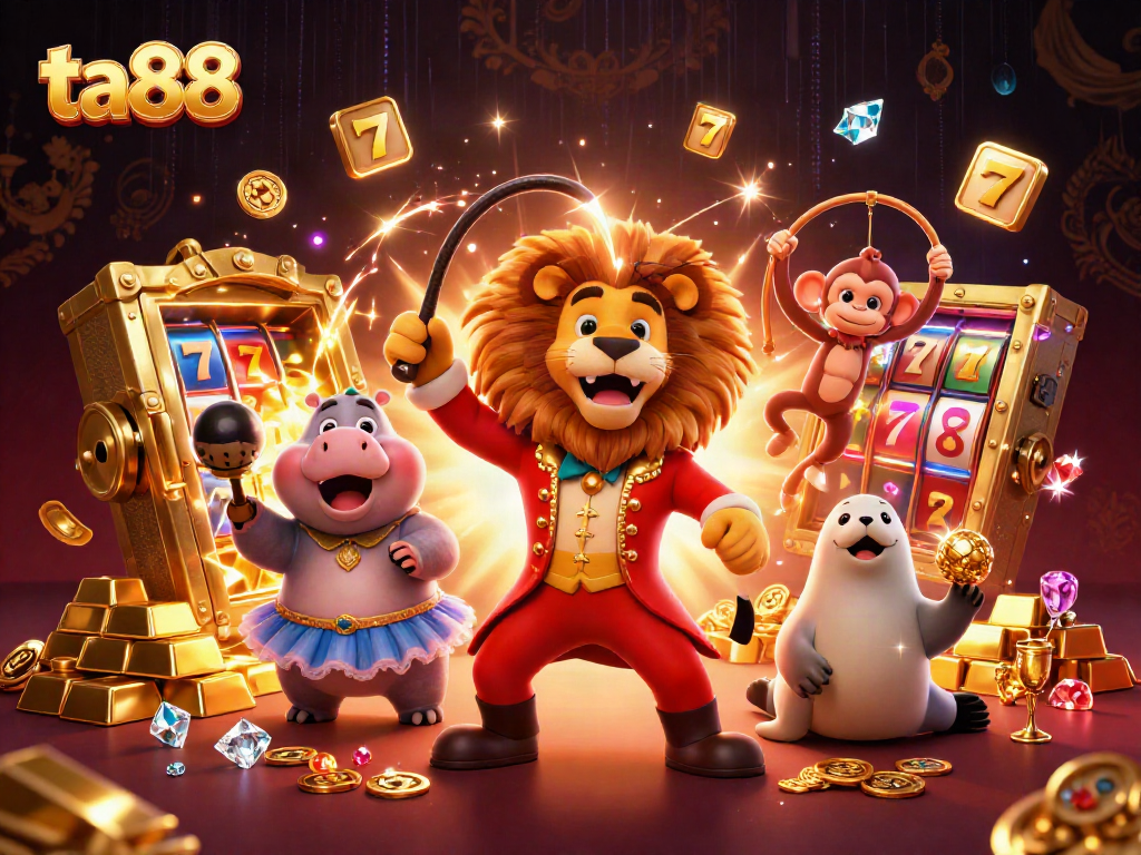 Experience the excitement of ta88 as vibrant 3D circus characters celebrate big wins with casino treasures.