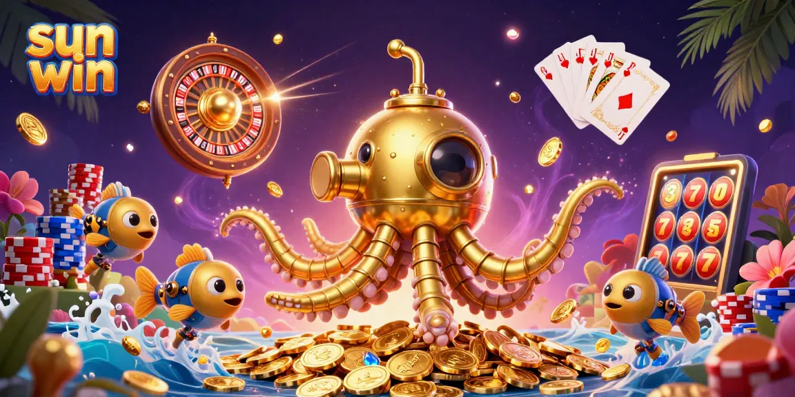 Experience thrilling gameplay with sun win, as the golden kraken submarine surfaces amidst cascading coins and slot reels.