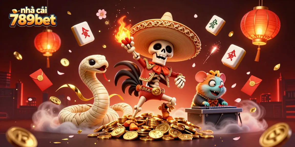 Experience the excitement at nhà cái 789bet with a vibrant 3D casino illustration featuring a colorful victory dance on golden coins.