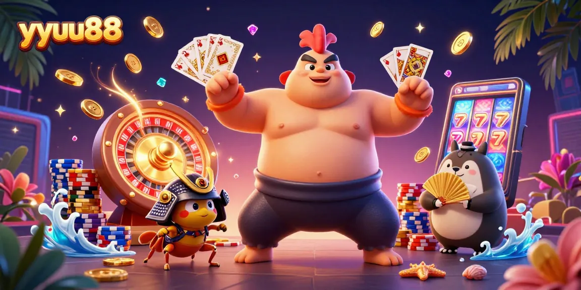 yyuu88 offers an exciting gambling scene with colorful characters, casino elements, and vibrant energy.