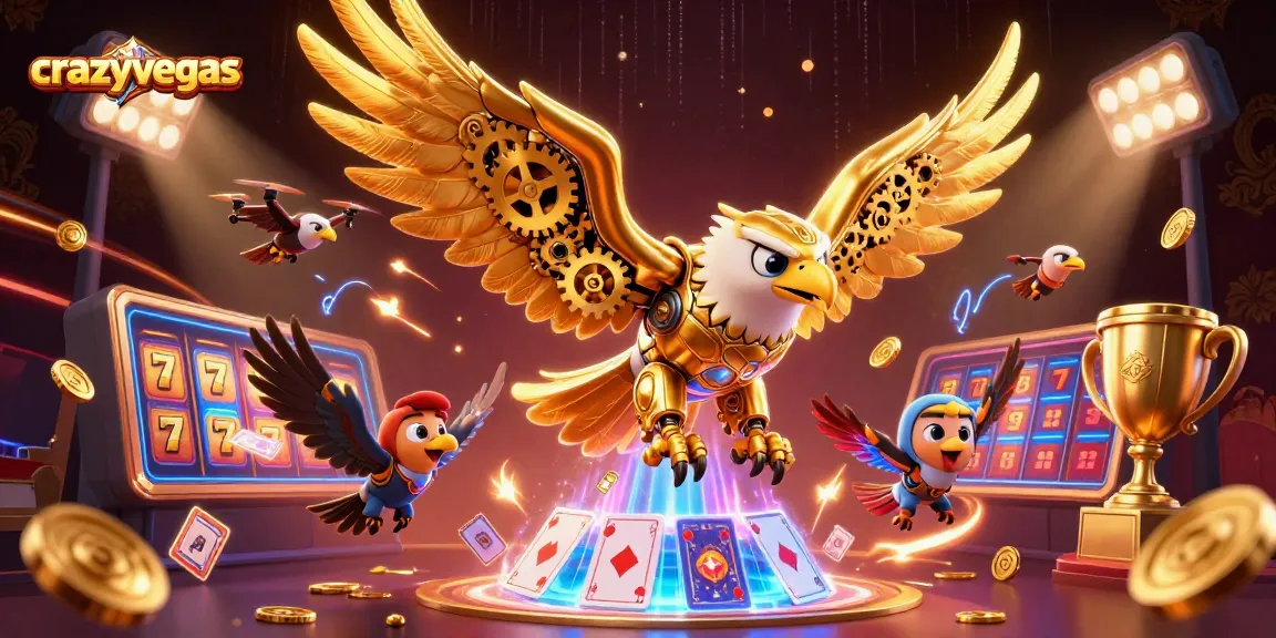 Experience the thrill of crazyvegas with a dynamic casino scene featuring a cybernetic eagle amid slot reels.
