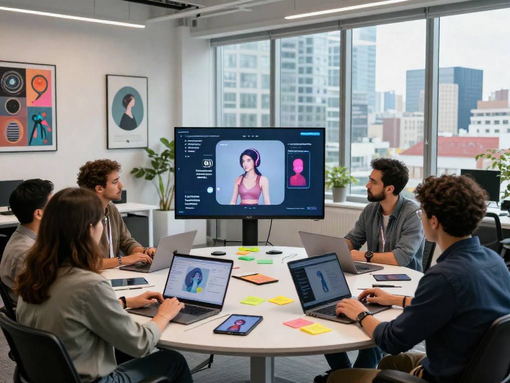 Innovative tech team discussing sex AI solutions in modern office.