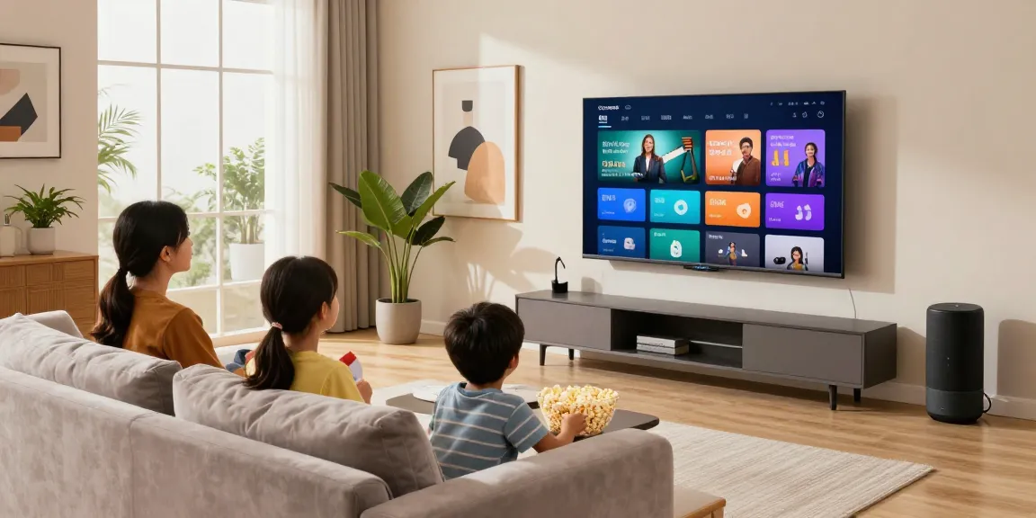 Family enjoying smart TV 2026 in a cozy living room with streaming apps displayed.