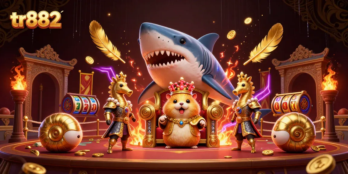 Engage in thrilling gaming experiences at tr882 with golden hamster king on megalodon throne amid vivid gambling scenes.