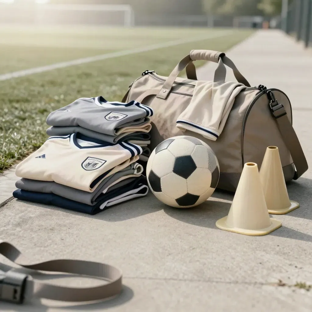 Open duffel spilling folded club kits, match ball and cones on a pale concrete sideline.