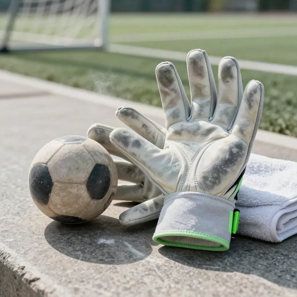 Keeper gloves on stone beside a training ball and towel, softly lit near a goal net
