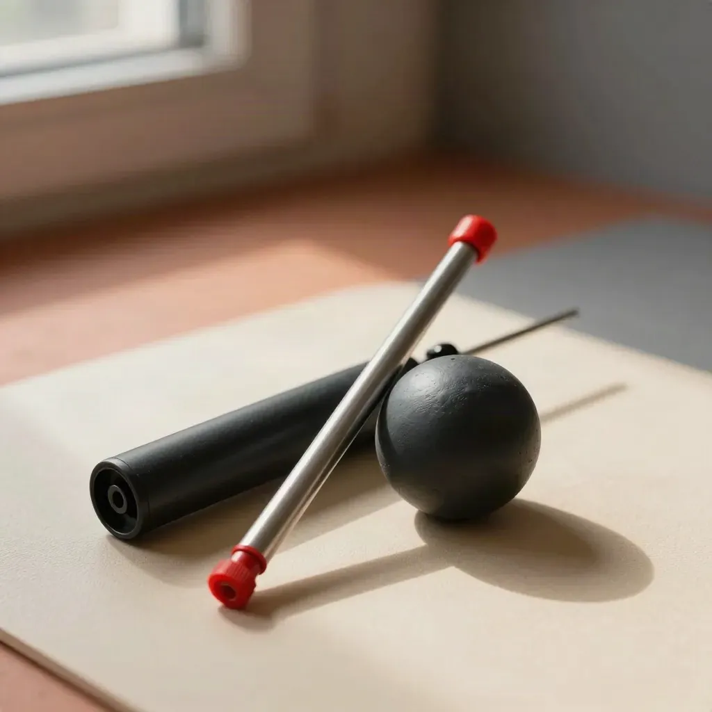 Compact ball pump beside a partly inflated match ball on a pale rubber mat.