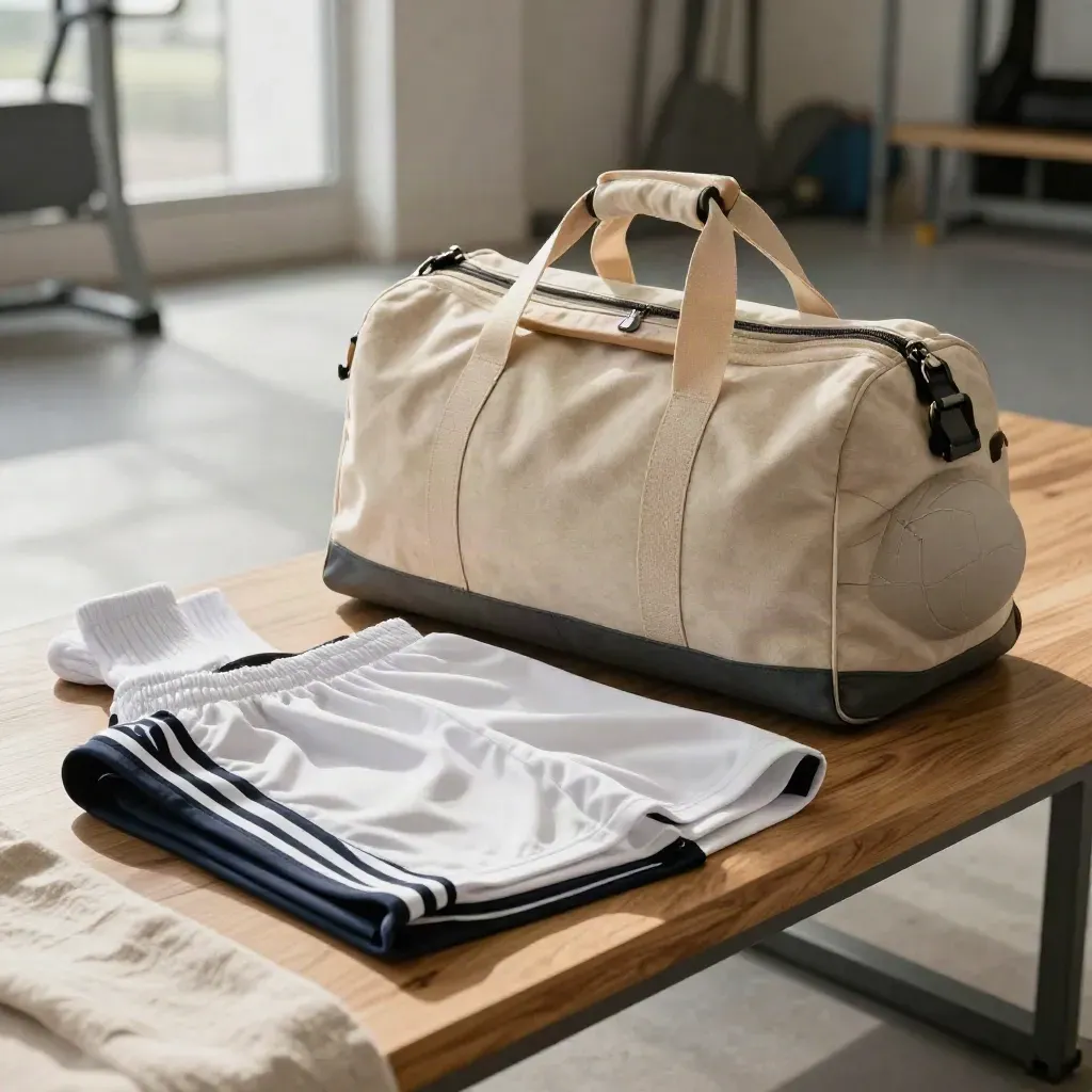 Folded soccer kit bundle with shorts, socks, match ball and navy duffel on pale wood bench.