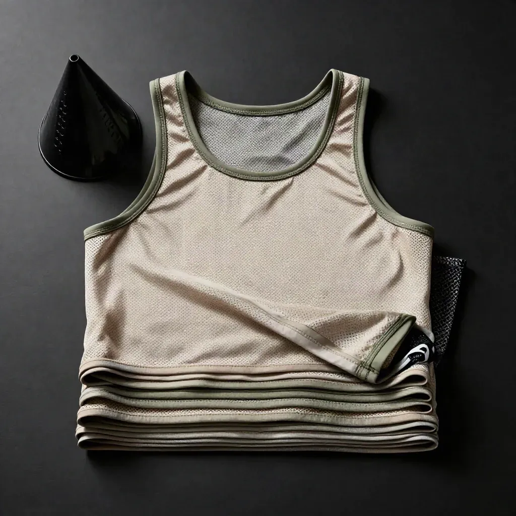 Top-down stack of mesh club bibs with a cone cap and bag corner on a dark studio surface