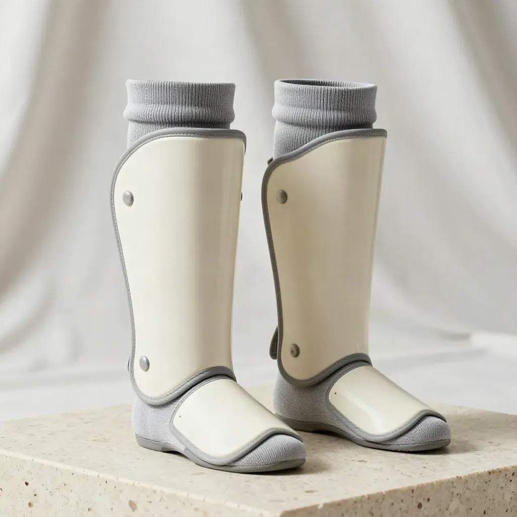 Junior shin guards with sock cuffs on pale travertine, softly lit and neatly arranged.