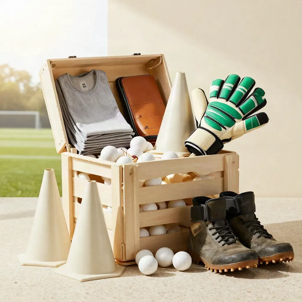 Open kit crate with soccer balls, cones, bibs, gloves and boots on a pale travertine studio set.