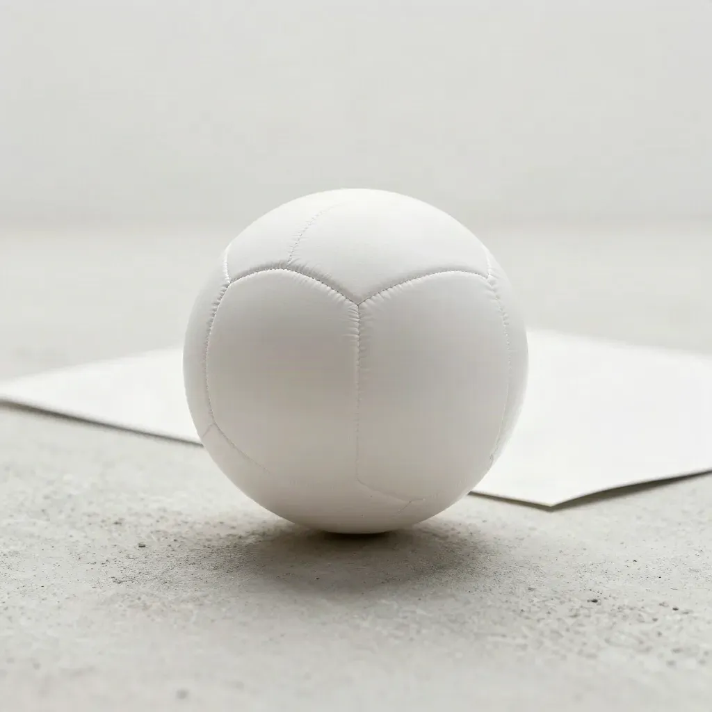 White match ball on pale stone with soft shadow, centered in a clean studio flatlay.