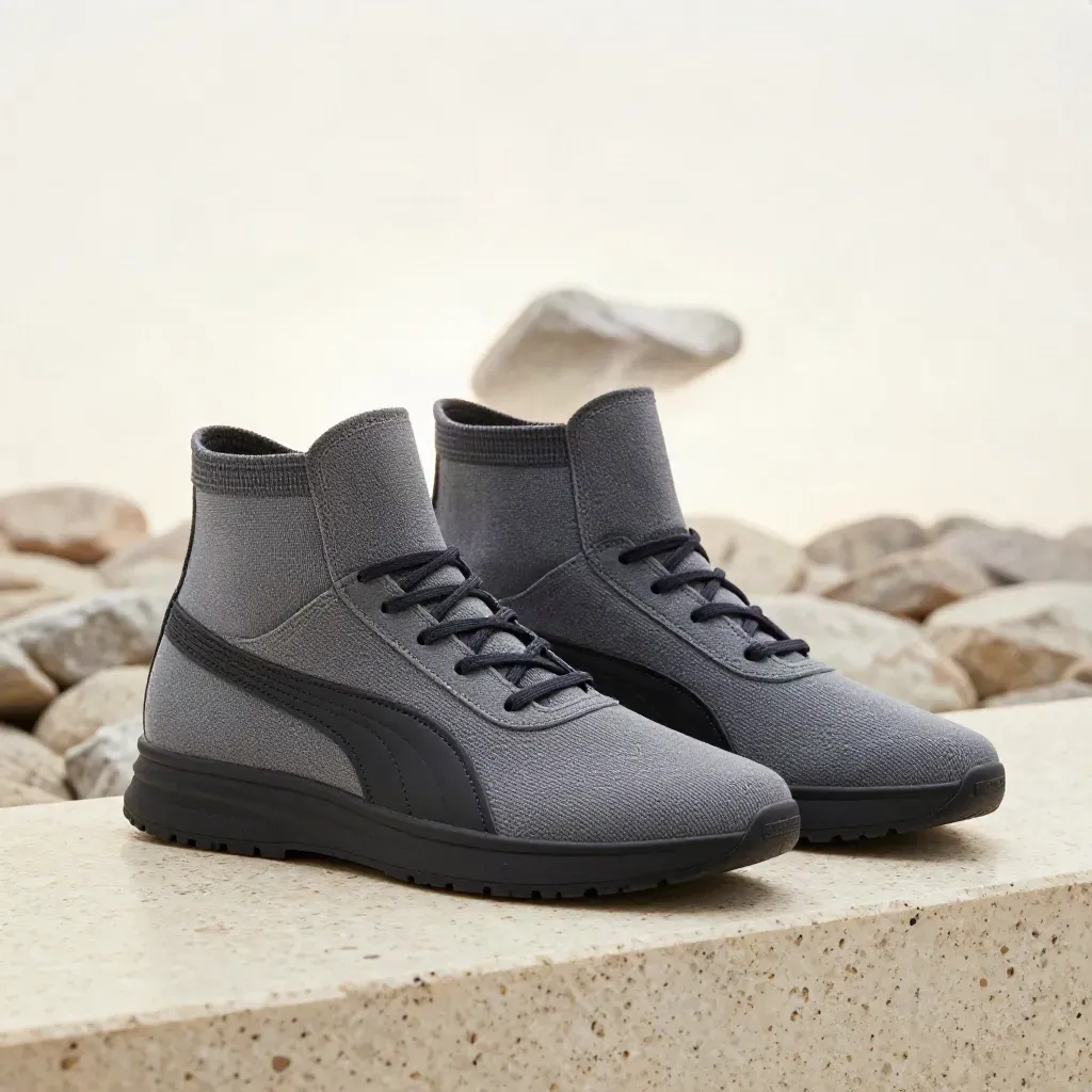 Macro of black football boots on pale stone, lit with crisp rim light