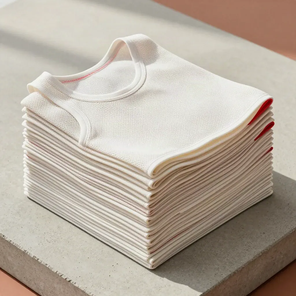 Overhead flatlay of stacked training bibs on pale concrete with a red accent