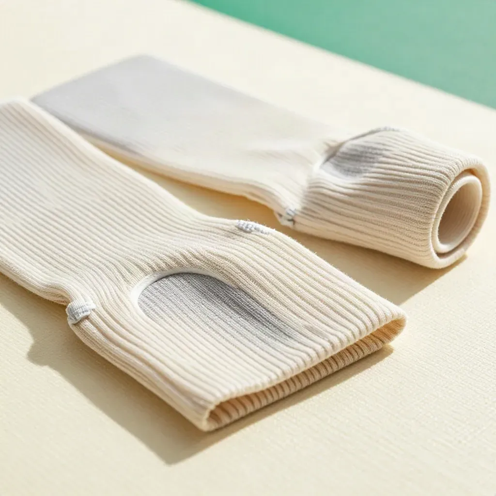Macro of elastic shin guard sleeves with rolled edges on a pale mat.