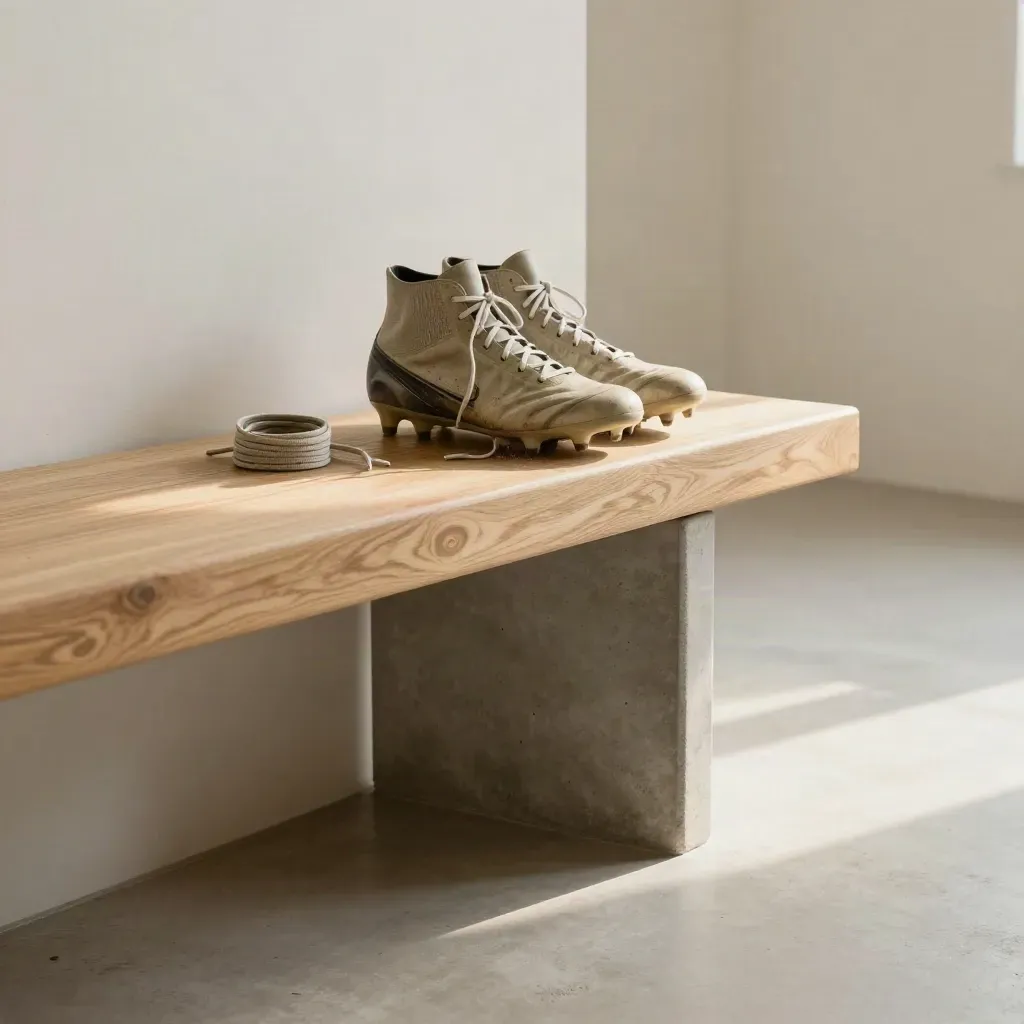 Pale oak bench with worn football boots and laces beside a concrete corridor in soft morning light