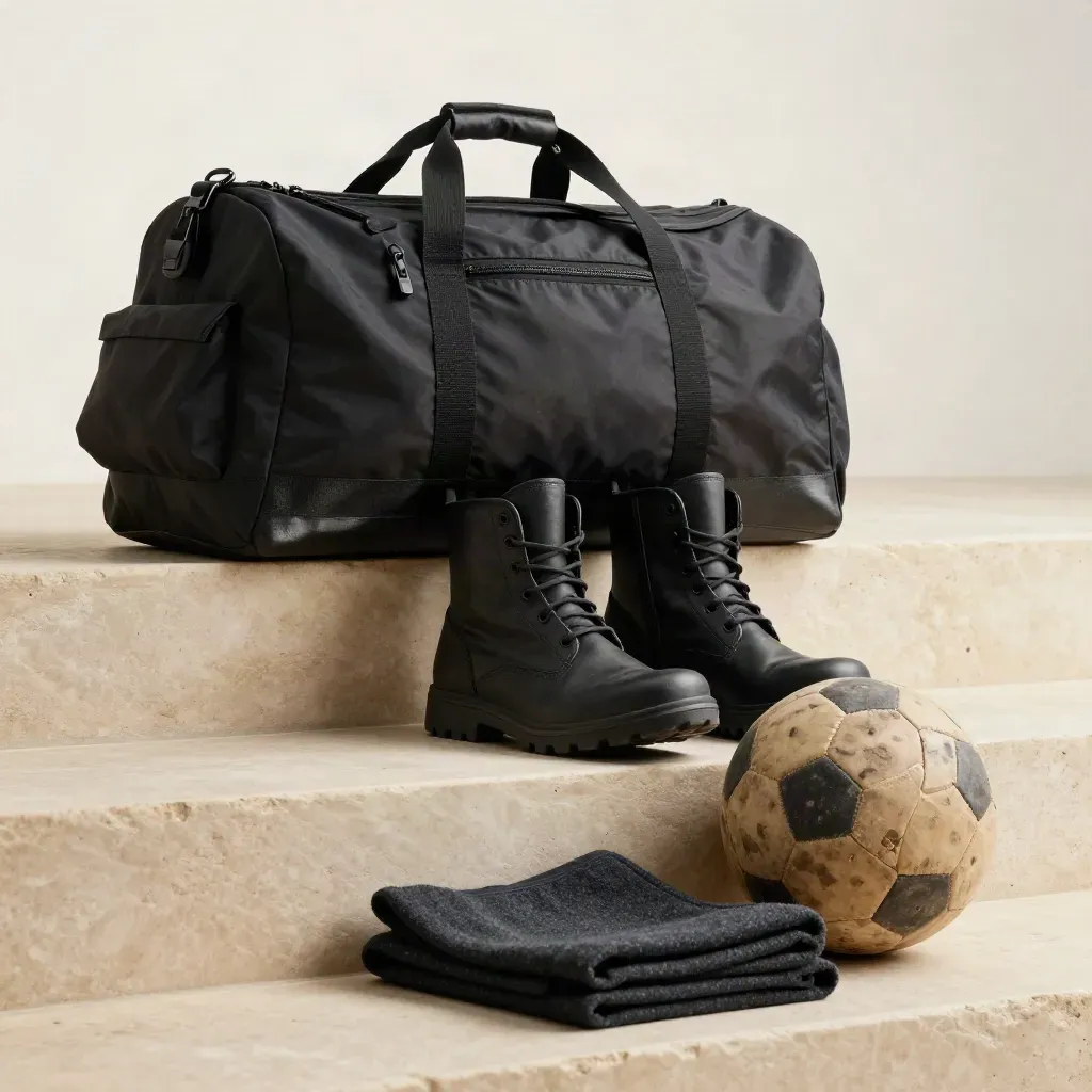 Black team duffel bag slumped open with boots, kit and ball on a pale concrete step.