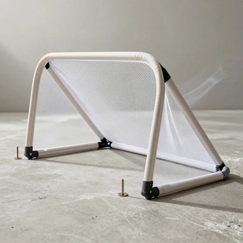 Pop-up soccer goal half-open with mesh and anchor pegs on a concrete surface.