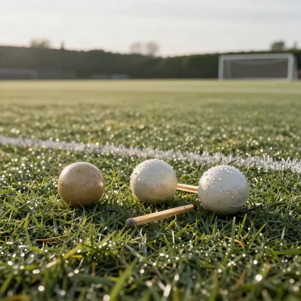 Three soccer balls on wet pitch grass with a distant goal and hedge in soft evening light.
