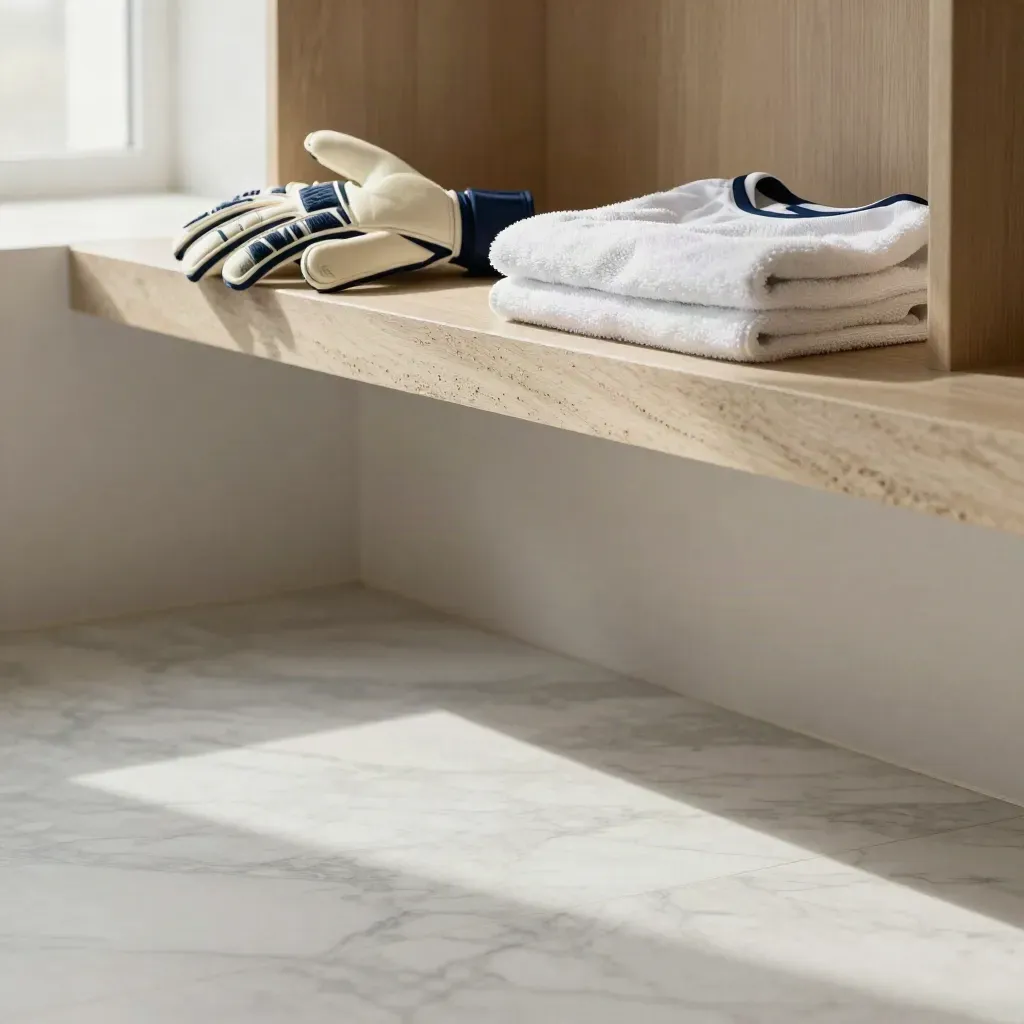 Goalkeeper gloves, towel and folded jersey on a pale locker shelf over calm marble floor