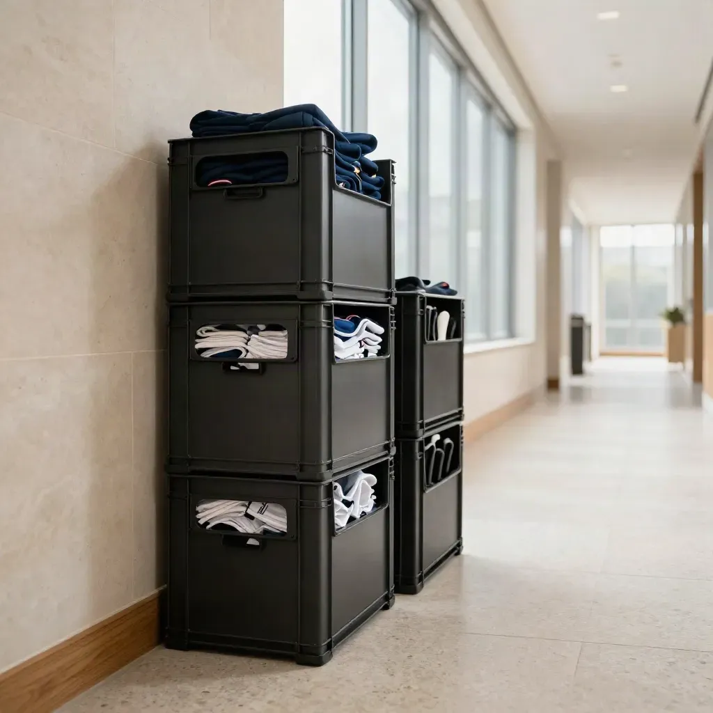 Modern club corridor with stacked kit crates and folded shirts in soft morning light.