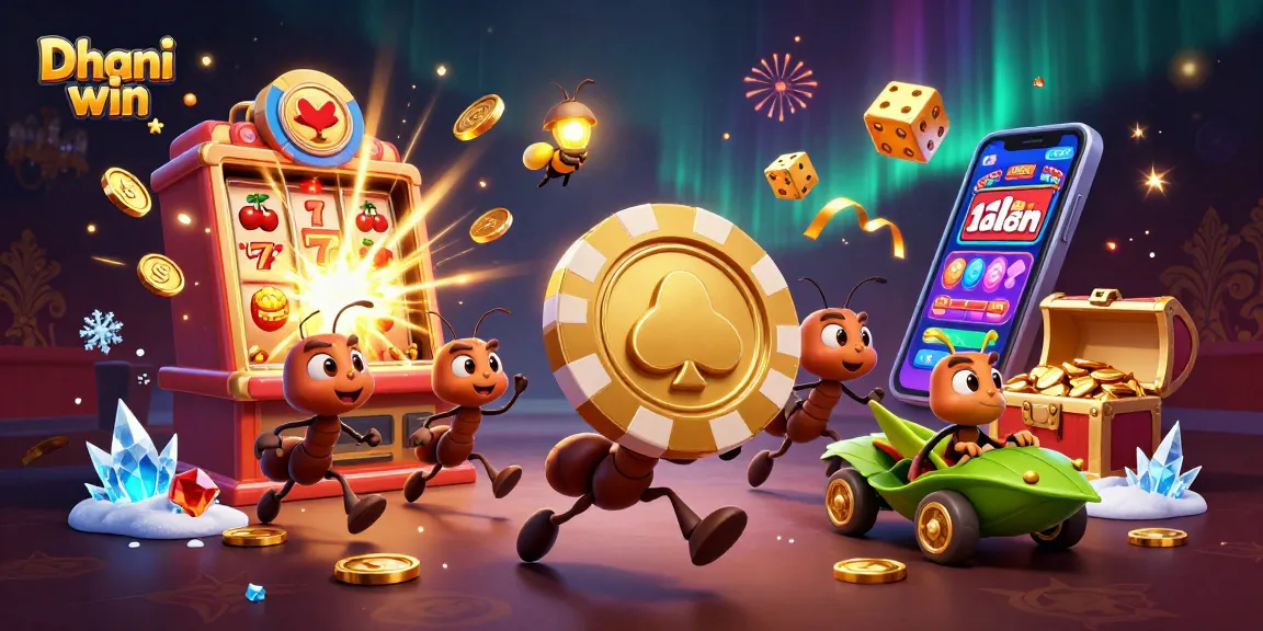 Dive into the thrilling world of Dhani win with ants heisting a massive golden poker chip and vibrant casino symbols.