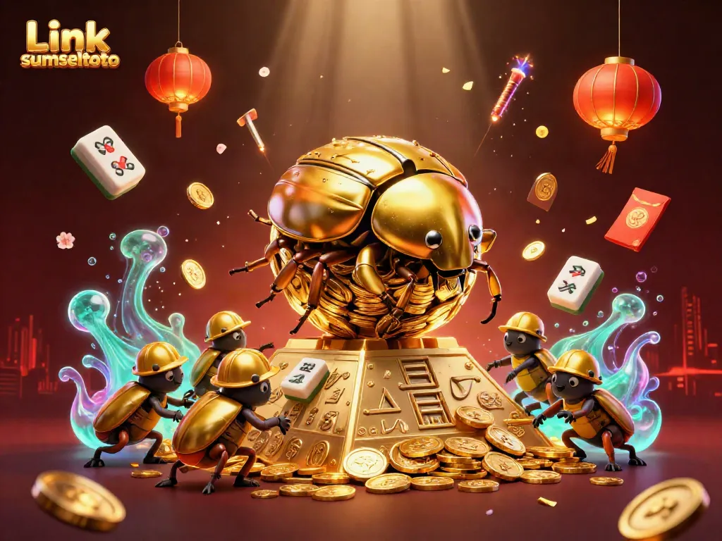 Experience the excitement of Link sumseltoto with a golden beetle rolling coins up a pyramid in a vibrant casino scene.