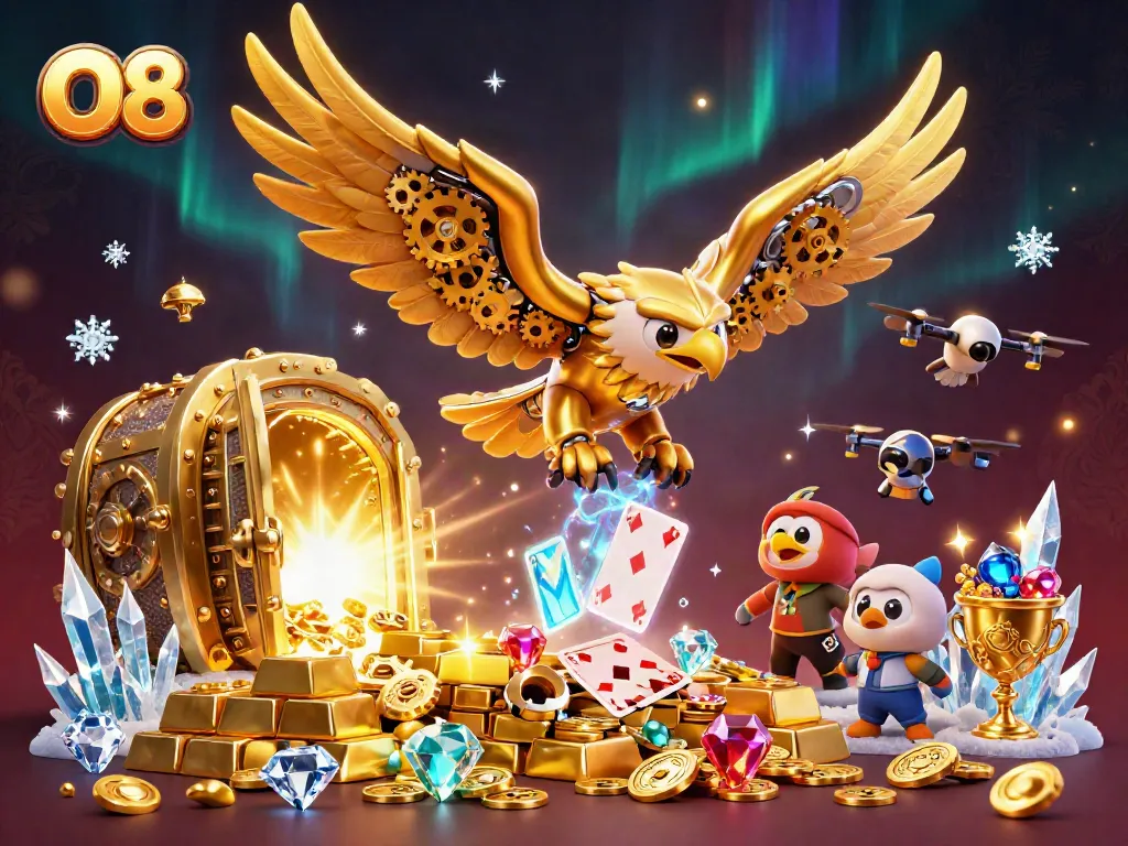 Engage with the O8 casino scene featuring a golden eagle and dynamic holographic cards.