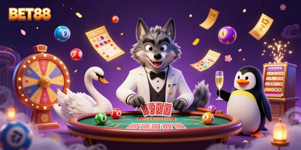 Experience the thrill at BET88 with an elegant baccarat game scene and vibrant casino elements.