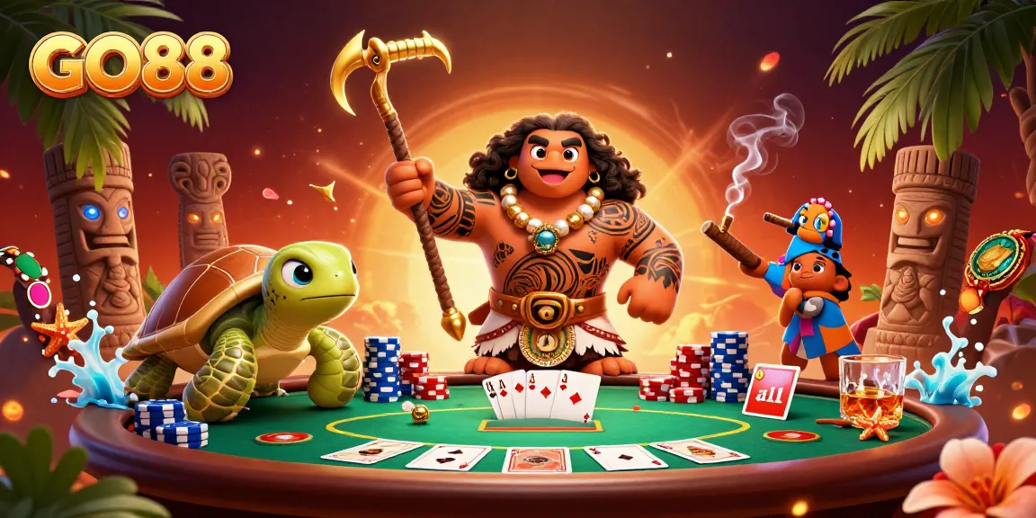 Engage with GO88's exciting poker scene featuring a demigod and turtle in a vibrant casino atmosphere.