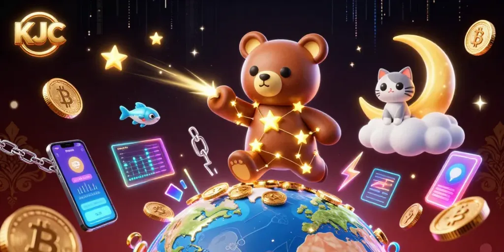 KJC players enjoy a vibrant crypto casino with glowing Bitcoin and Ethereum coins, embodying winning strategies.