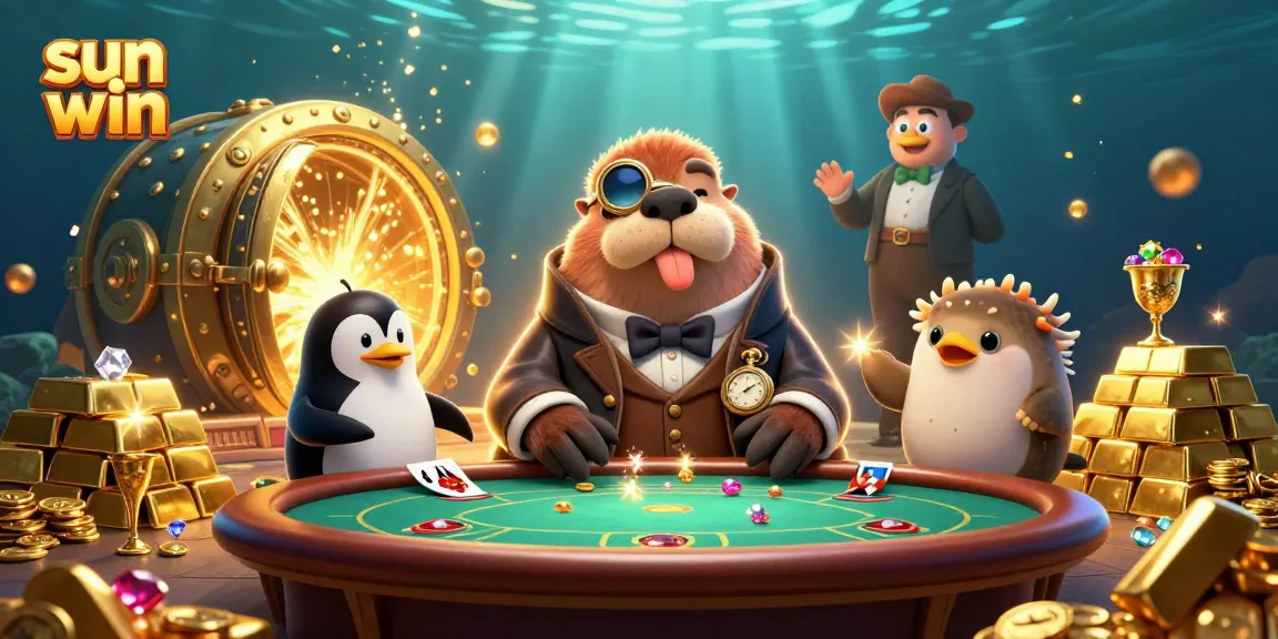 Join the adventure at Sun Win with a walrus playing poker underwater, surrounded by treasures.