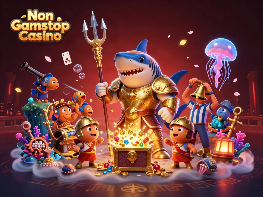 Engage with Non Gamstop Casino's thrilling underwater scene featuring a golden armor shark and a jellyfish referee.