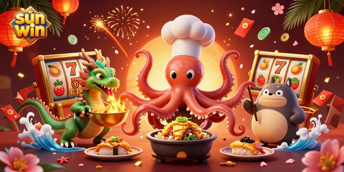 Experience slot excitement at sun win with vibrant characters and golden elements in a dynamic casino scene.
