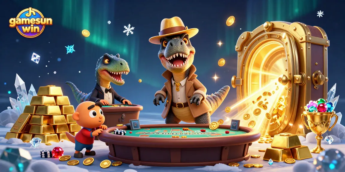 gamesunwin captivatingly showcases a velociraptor card counter at a blackjack table amidst treasures and excitement.