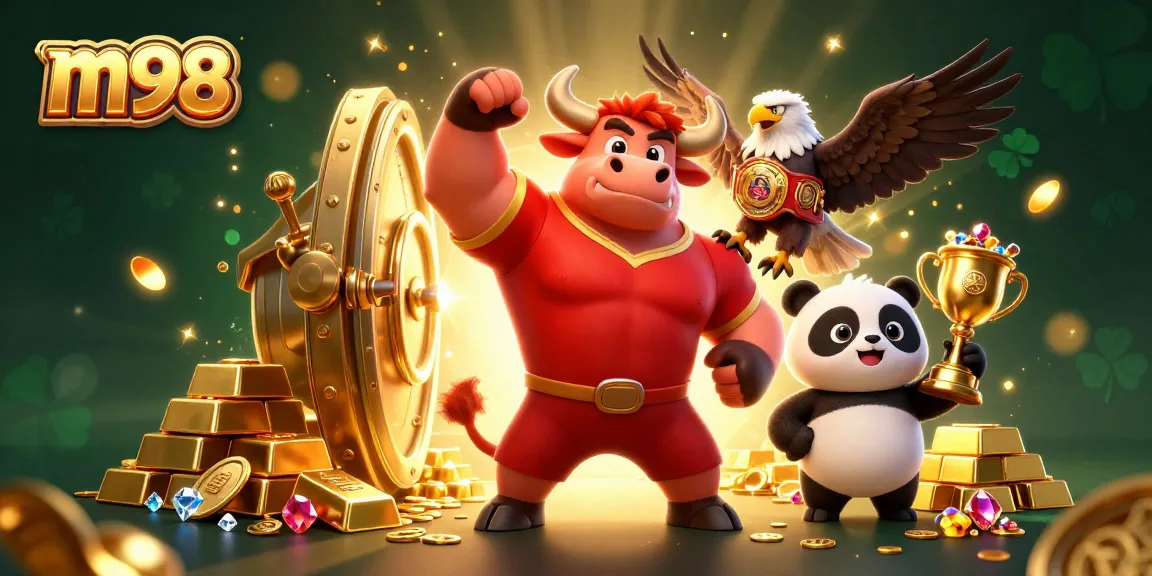 Experience m98 excitement with a victorious bull and eagle celebrating casino wins amid treasures.