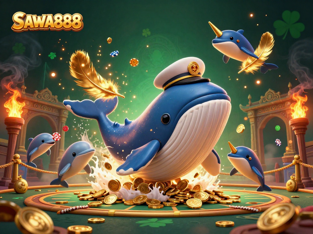 Experience thrilling spins with SAWA888 through a dynamic scene of a whale captain, golden coins, and playful dolphins in an exciting casino atmosphere.