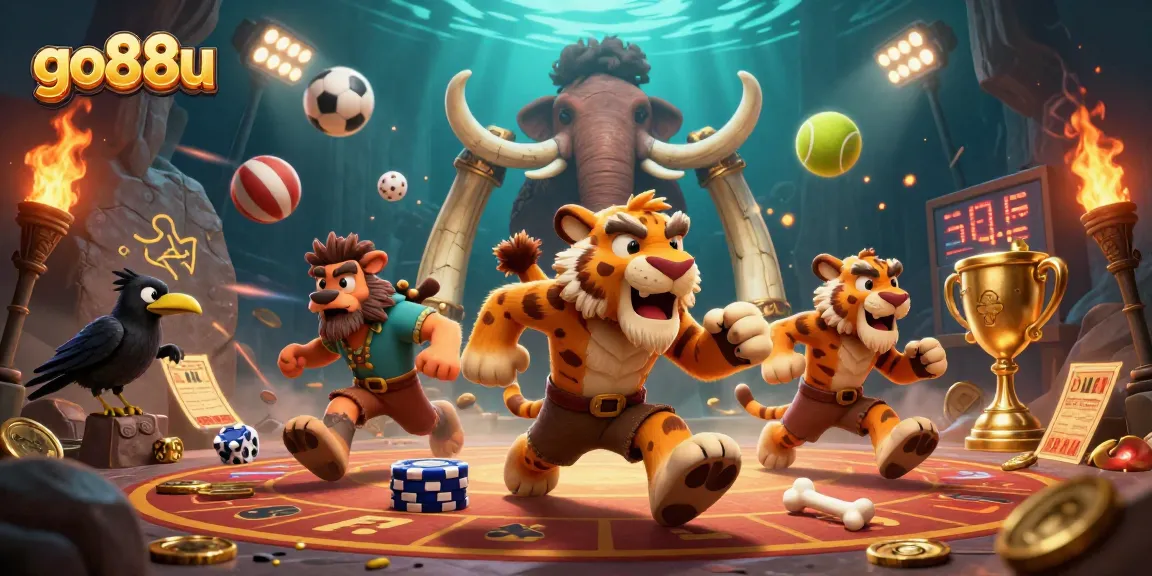 Engage with go88u at a prehistoric casino featuring lively 3D characters and dynamic sports elements.
