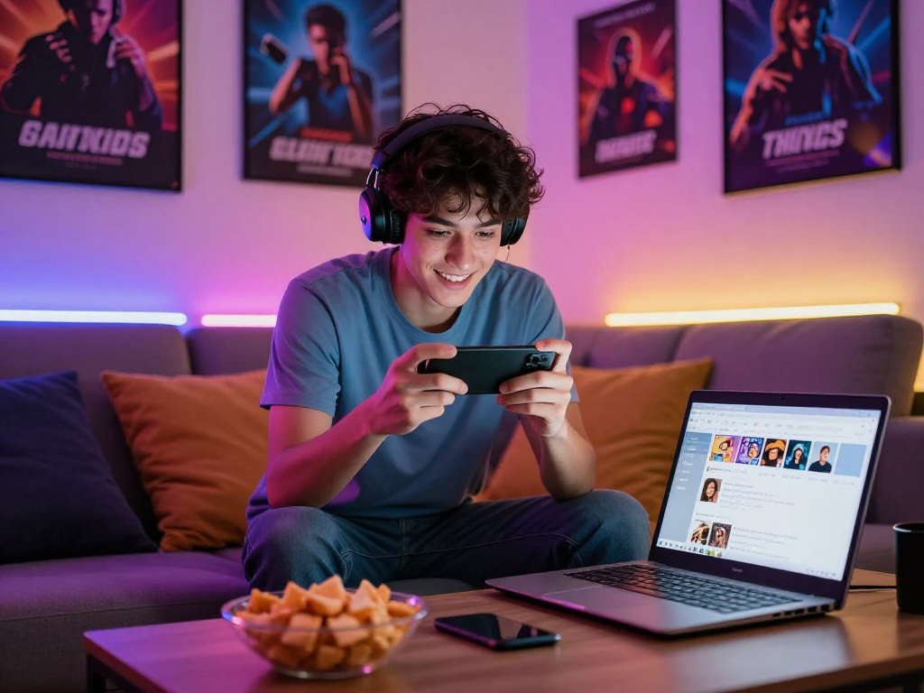 Engaging mobile porn game experience with a player enjoying adult content on a smartphone in a cozy atmosphere.